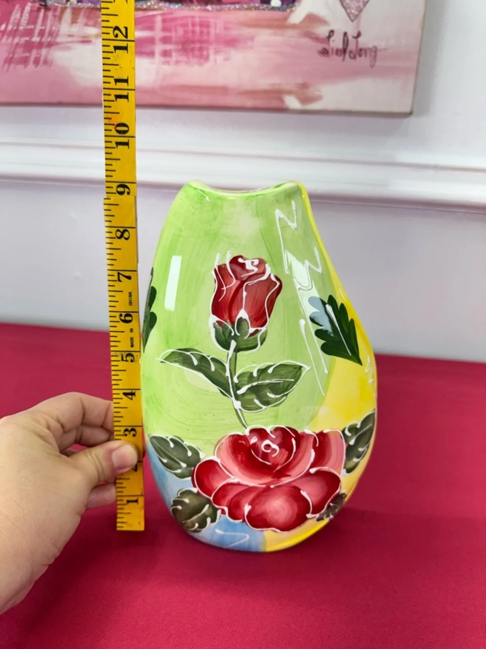 9INCH TALL HAND PAINTED ROSE CERAMIC FLOWER VASE .